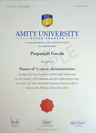 amity online mba sample degree certificate