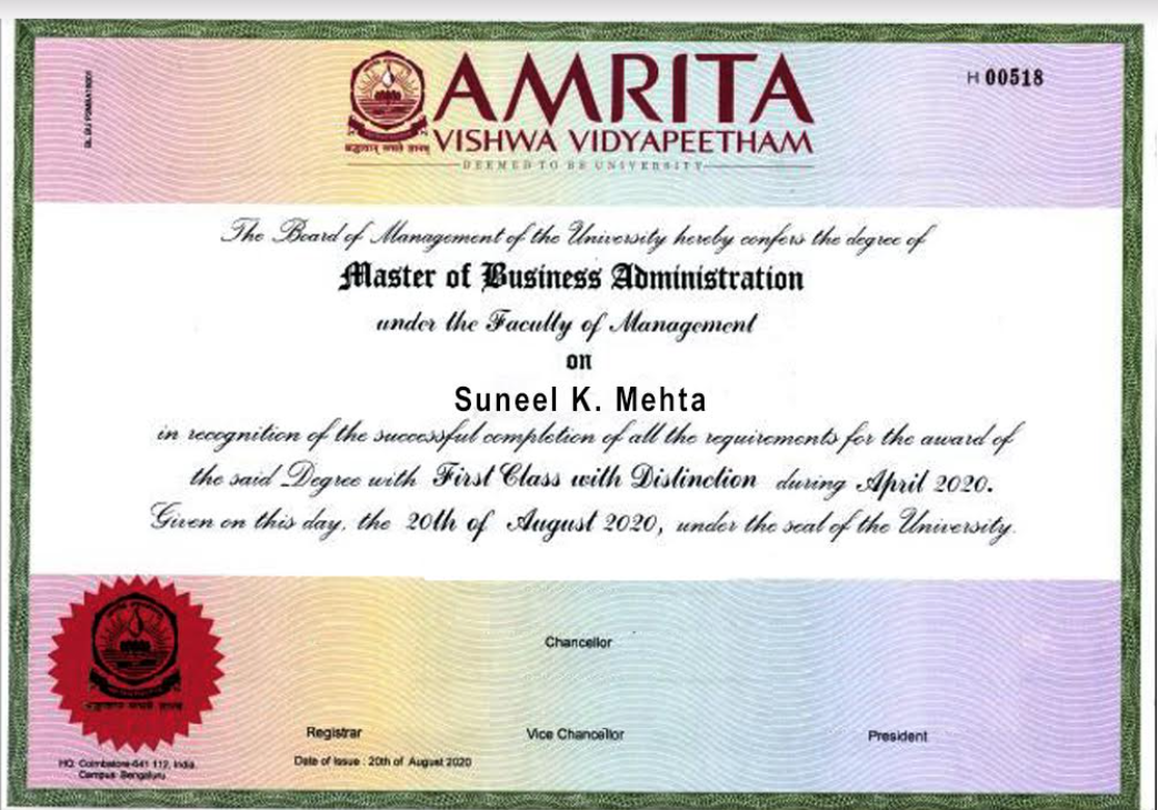 amrita online mba degree certificate